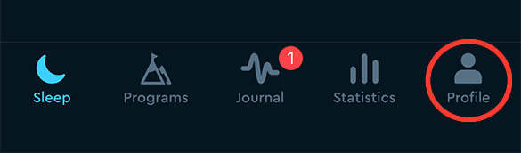 The bottom of the Sleep Cycle home screen. The tab bar reads Sleep, Programs, Journal, Statistics, Profile; Profile, on the right, is circled in red.