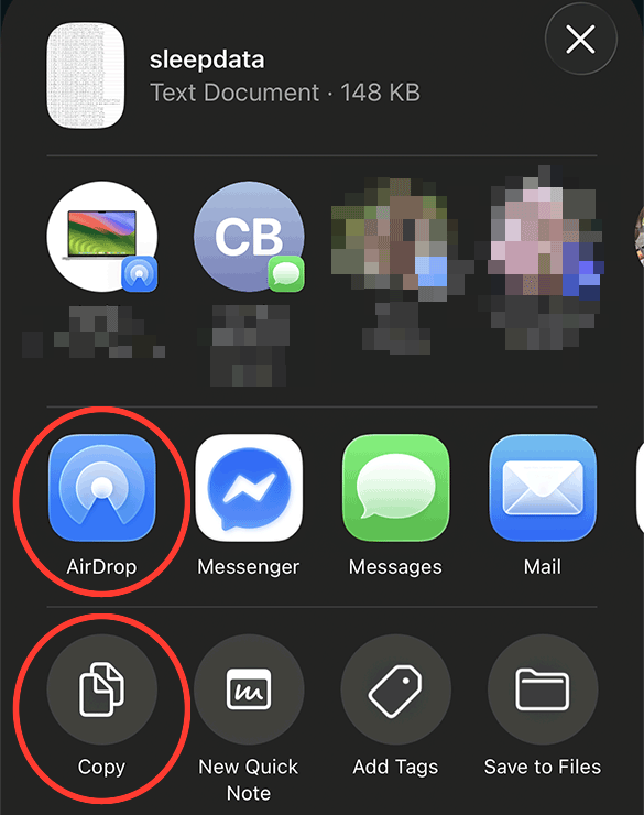 The iOS share sheet for a file called sleepdata, a text document of 148 KB. Two buttons are circled in red: AirDrop, in the row of apps, and Copy, in the row of actions below it.
